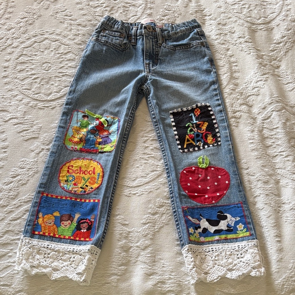 Faded Glory Custom Kids Denim Patchwork Bootcut Jeans Gently Loved Sz 7